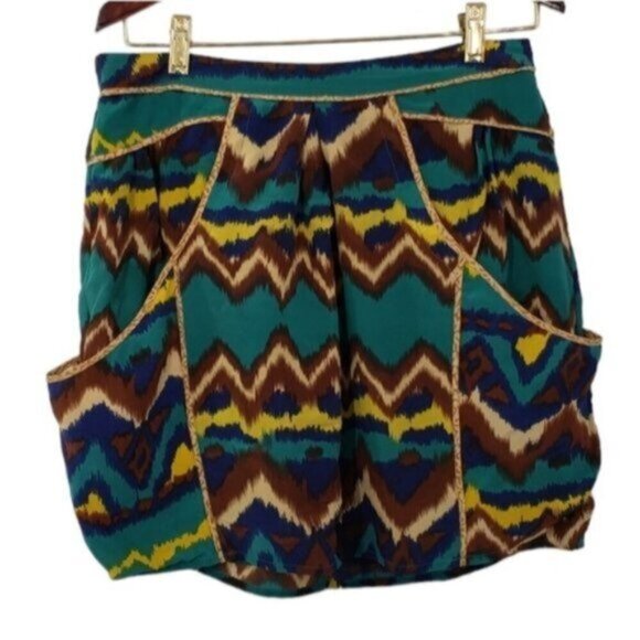 Gemma Silk Mini Skirt South Western Aztec Pattern Pockets Medium - Picture 1 of 12